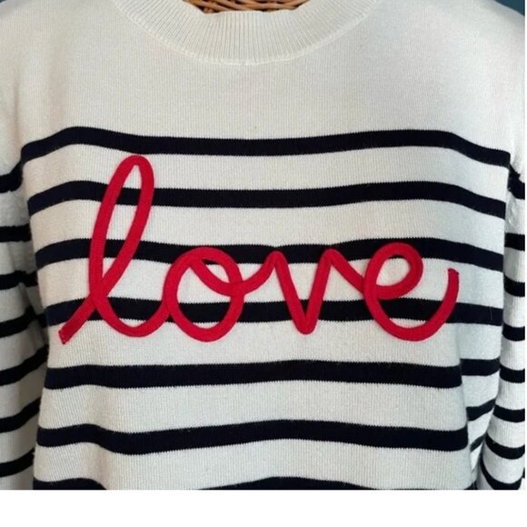 NWT Soft Cream and Navy pinstripe sweater with Love script - Picture 4 of 6